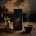 A steaming cup of coffee next to a large bag of coffee on a wooden table