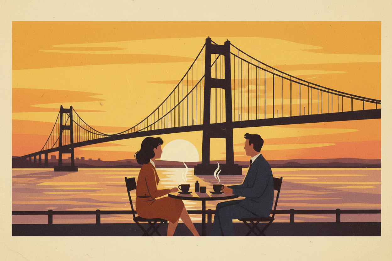 a cartoon couple drinking coffee infront of the humber bridge