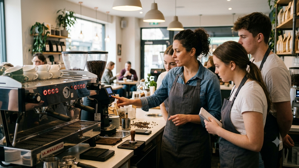 A group of baristas wearing gray aprons work behind a counter in a bright coffee shop, with a woman in the center operating a professional espresso machine.