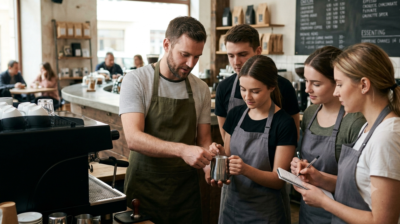 A group of cafe staff wearing matching dark green and gray aprons work together behind a counter, with one person pouring milk into a metal pitcher while another takes a note. The scene is set in a bright, modern coffee shop with a chalkboard menu on the wall.